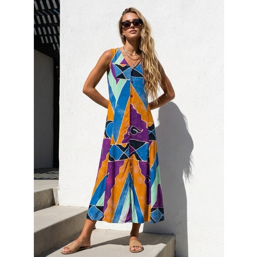 Vintage Patchwork Button Front Midi Dress Womens Small Art to Wear Spring Summer